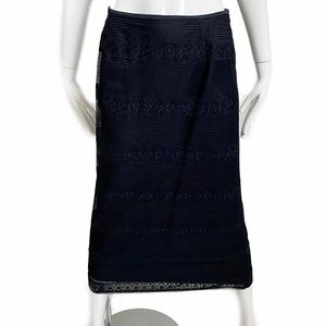 Escada Skirt Silk Blend with Floral Lace Overlay Midi Navy Vintage Sz 34